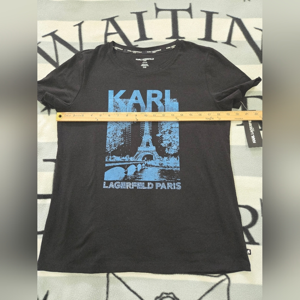 Karl Lagerfeld Paris Black T-Shirt with Blue Graphic Medium & Large NEW - Picture 5 of 15